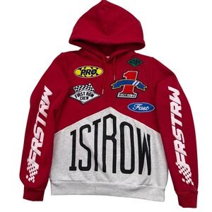 First Row Hoodie Mens Medium Red Grey Racing Patch First Never Last Sweatshirt